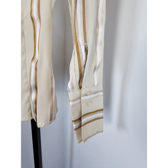 Women’s New York & Company Stretch Beige and Brown Striped Button Down Top SZ XS - Picture 4 of 10